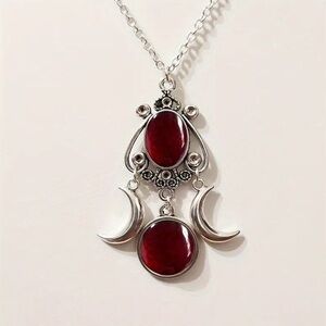 Silver double moon and blood red Pendant Necklace